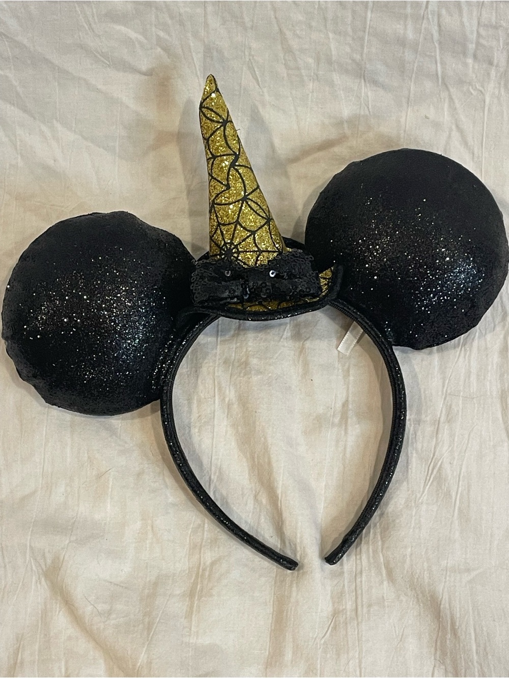 Disney Minnie Mouse Witch Hat Halloween Ears Black Gold Glitter Spiderweb